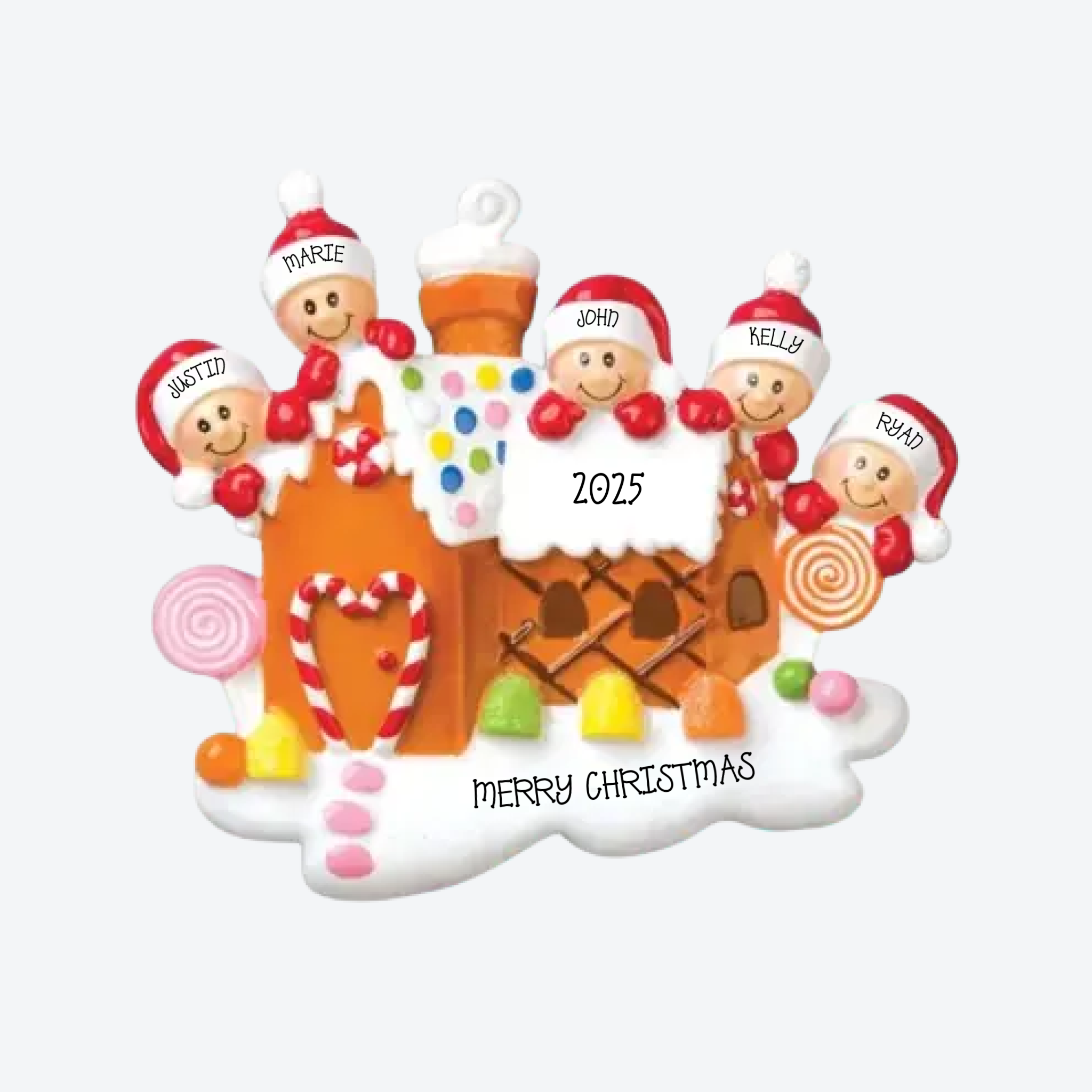 Gingerbread House Family of 5 Personalized Christmas Ornament