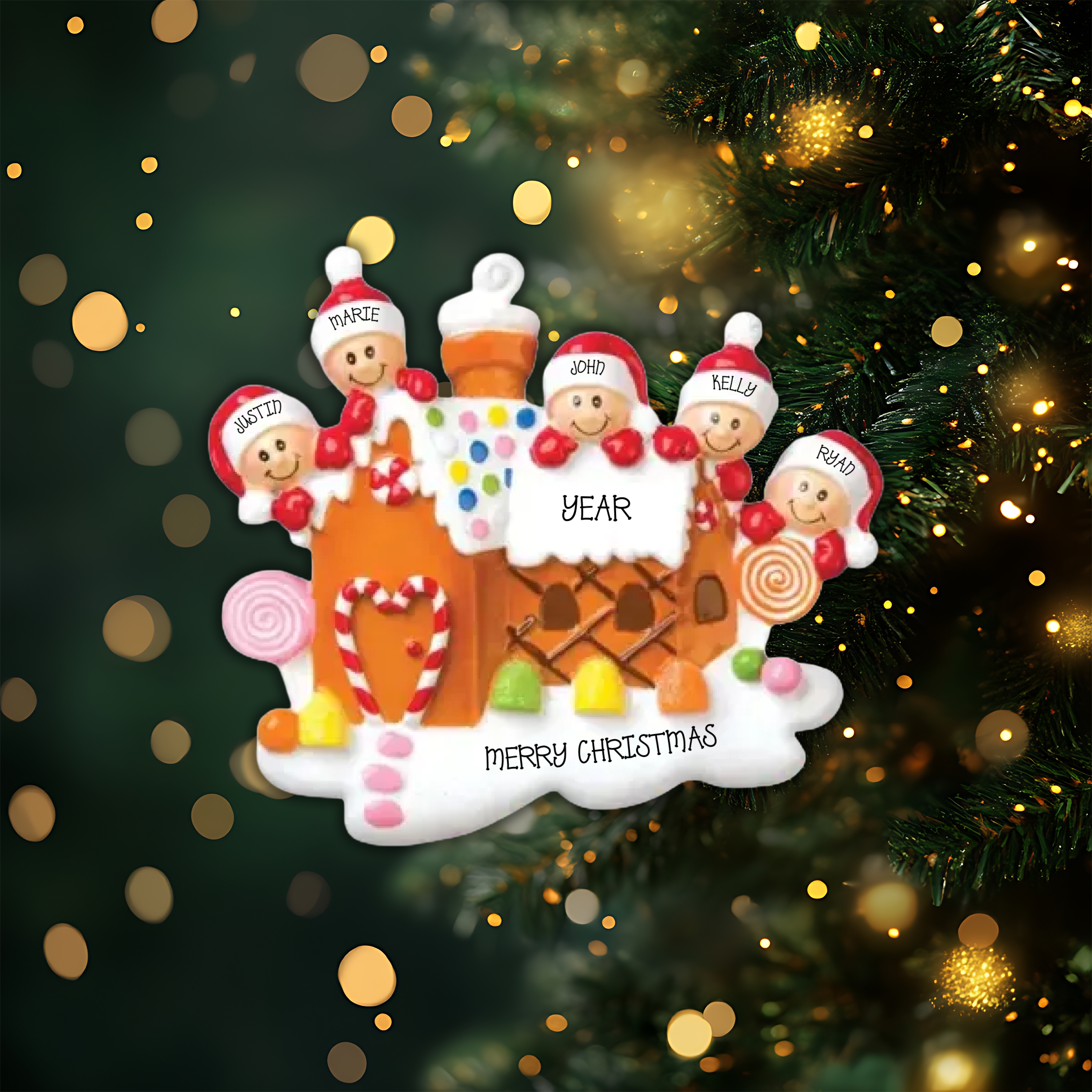Gingerbread House Family of 5 Personalized Christmas Ornament