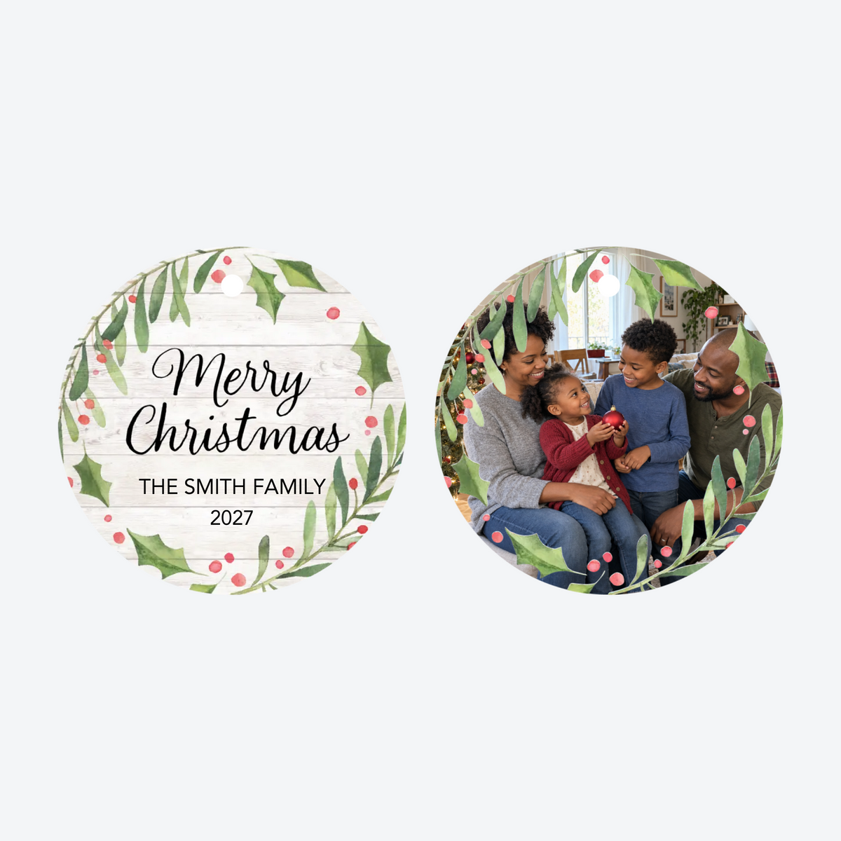 Personalized Merry Christmas wreath Family Photo Christmas Ornament