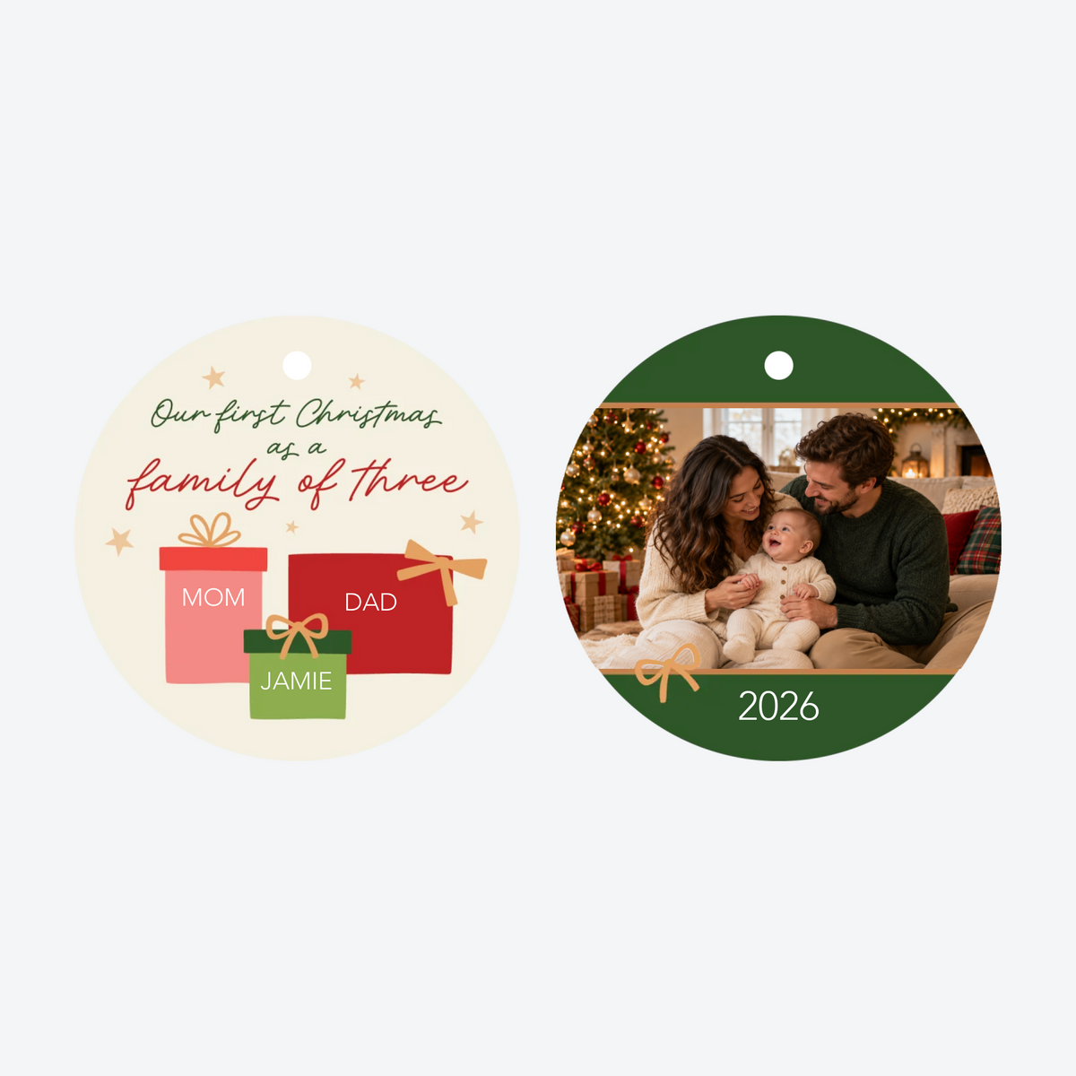 Personalized First Christmas As a Family of 3 Photo Christmas Ornament